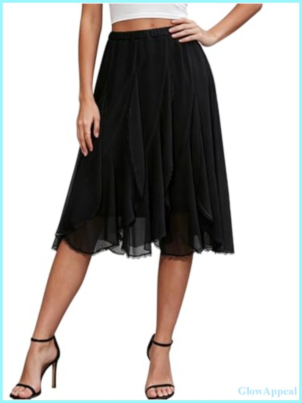 Womens Chiffon Flowy A-Line Midi Skirt Ruffled Lace Trim High Waist